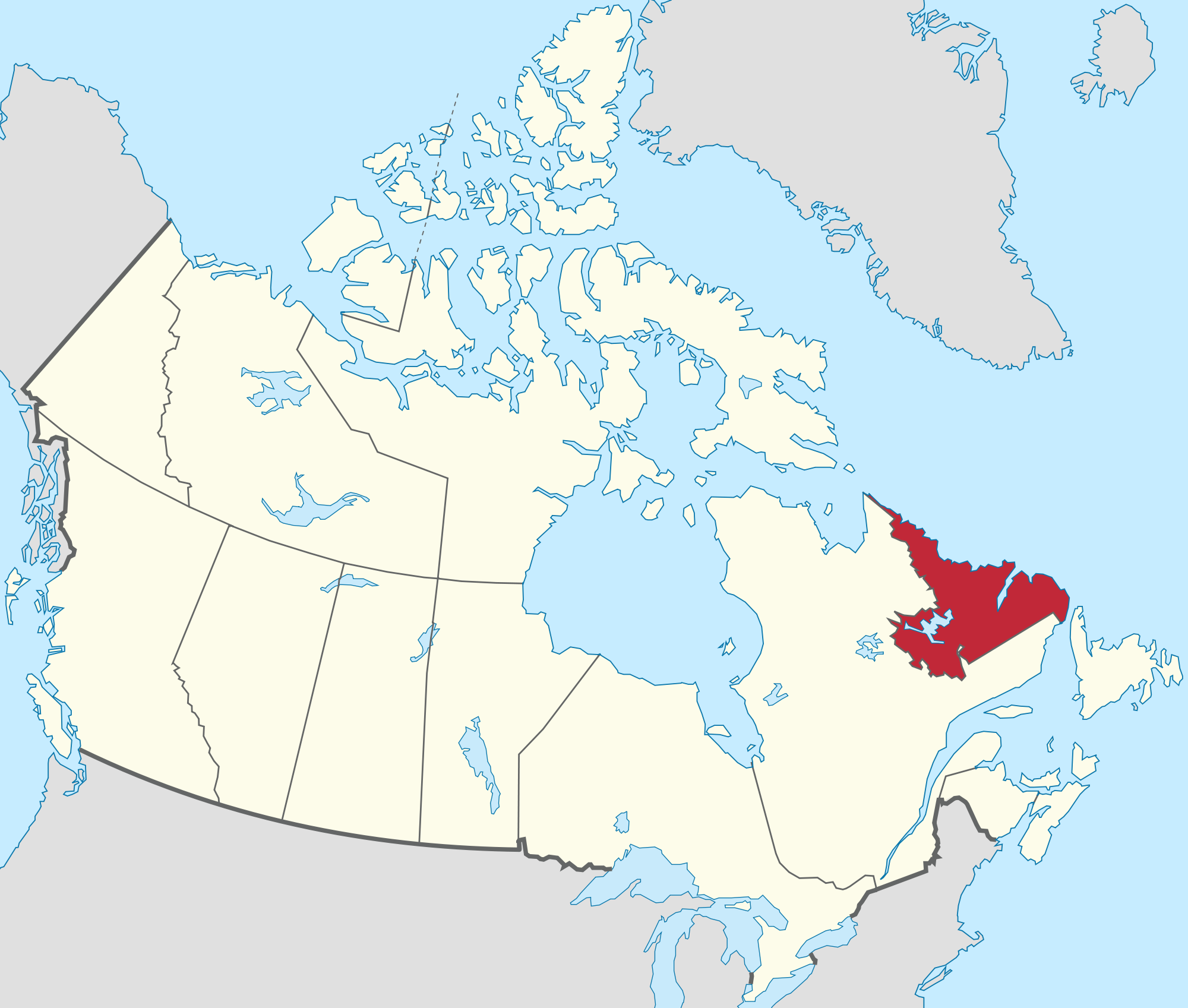 Labrador is in most eastern part of Canada, in the most northern section of that part of the mainland. It is subarctic.