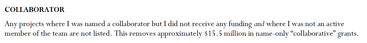 The entry reads: COLLABORATOR
Any projects where I was named a collaborator but I did not receive any funding and where I was not an active member of the team are not listed. This removes approximately $15.5 million in name-only “collaborative” grants.